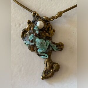 Vintage Bronze Frog & Pearl Necklace